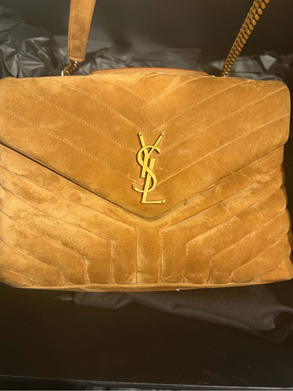 Saint Laurent Quilted Suede Shoulder Bag in Camel Brown with Gold Hardware